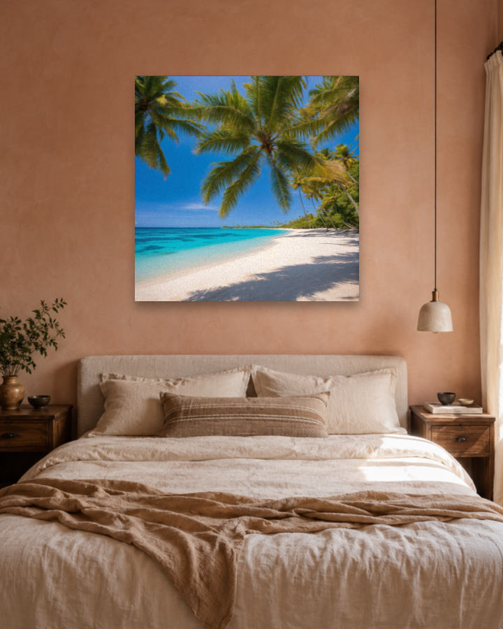 Tableau plage de sable fin et cocotiers, toile murale tropicale prête à accrocher