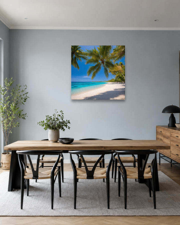 Tableau plage paradisiaque aux eaux turquoise, toile murale bord de mer imprimée en Allemagne