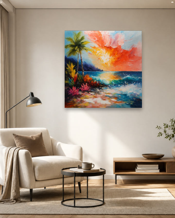 Tableau coucher de soleil tropical aux teintes dorées, décoration murale format panoramique