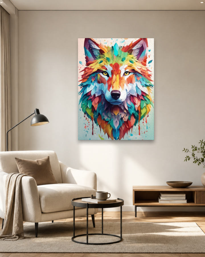 Tableau loup coloré aquarelle accroché dans un salon aux tons beige