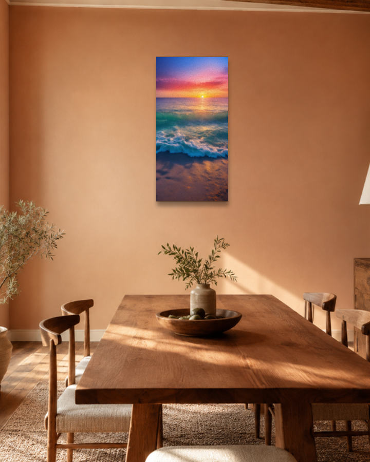 Tableau coucher de soleil sur l'océan aux tons orangés, toile panoramique pour salon