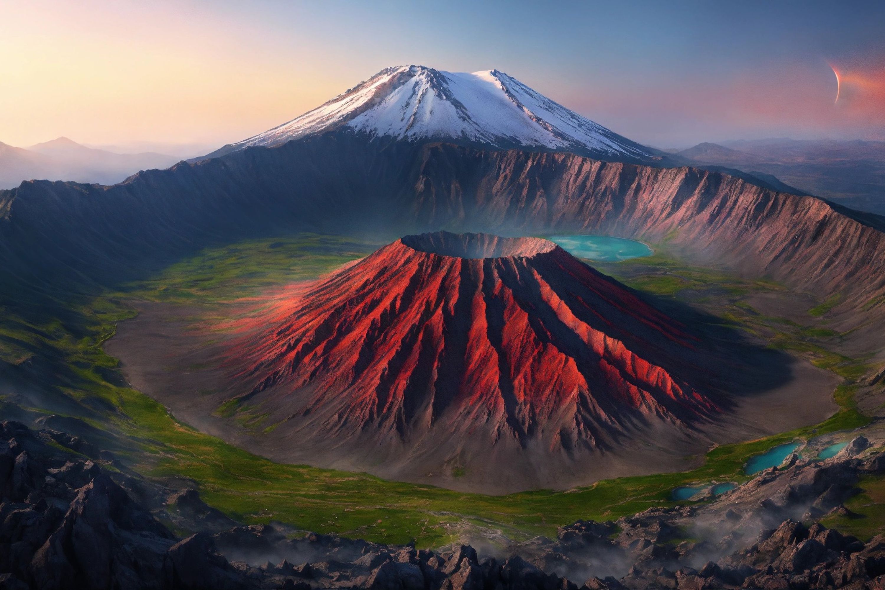 Volcans Crépuscule Lacs — vue 4