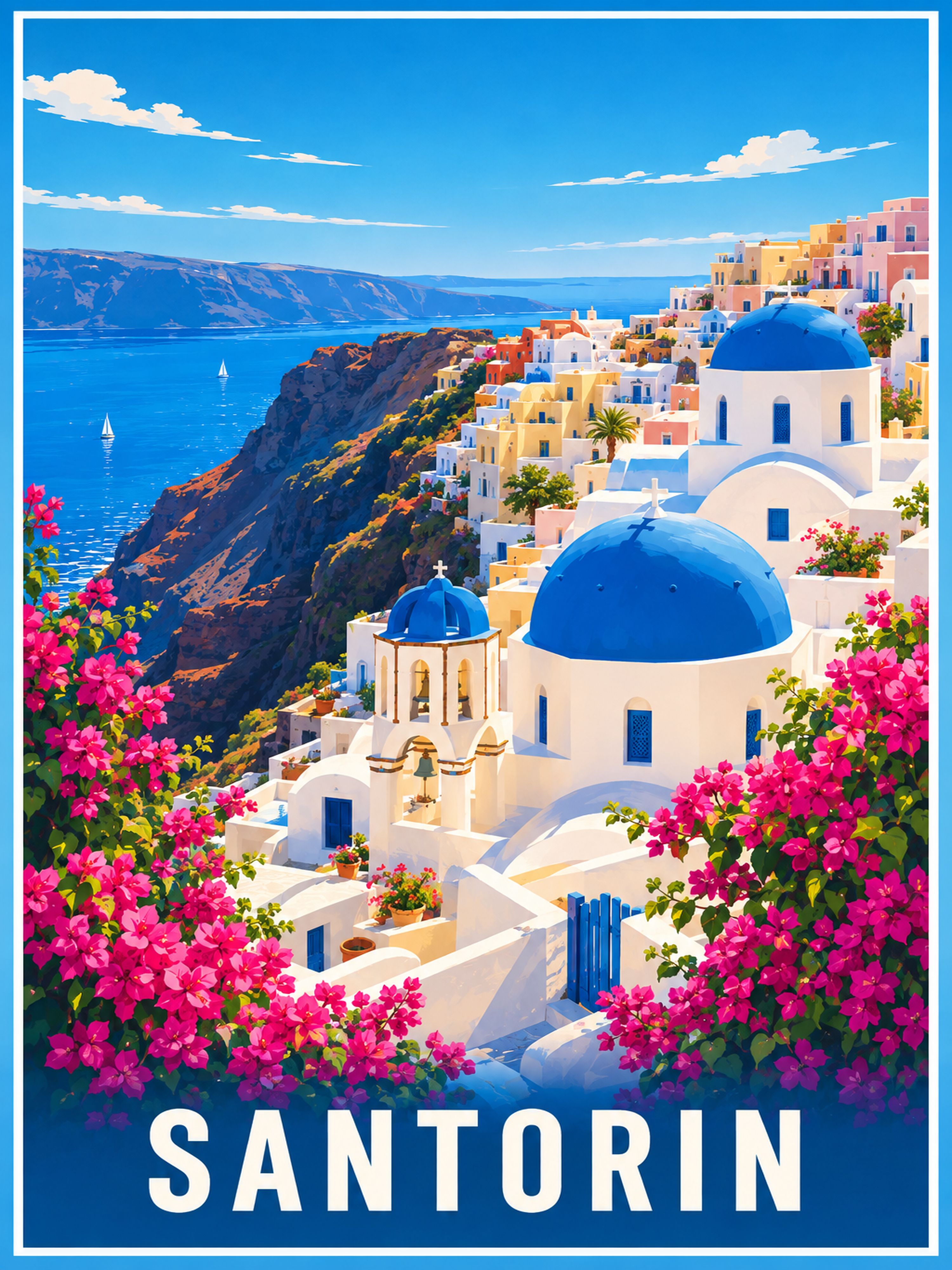 tableau santorin village bleu format portrait